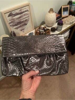 Metallic Textured Fold-Over Clutch Handbag - Pewter